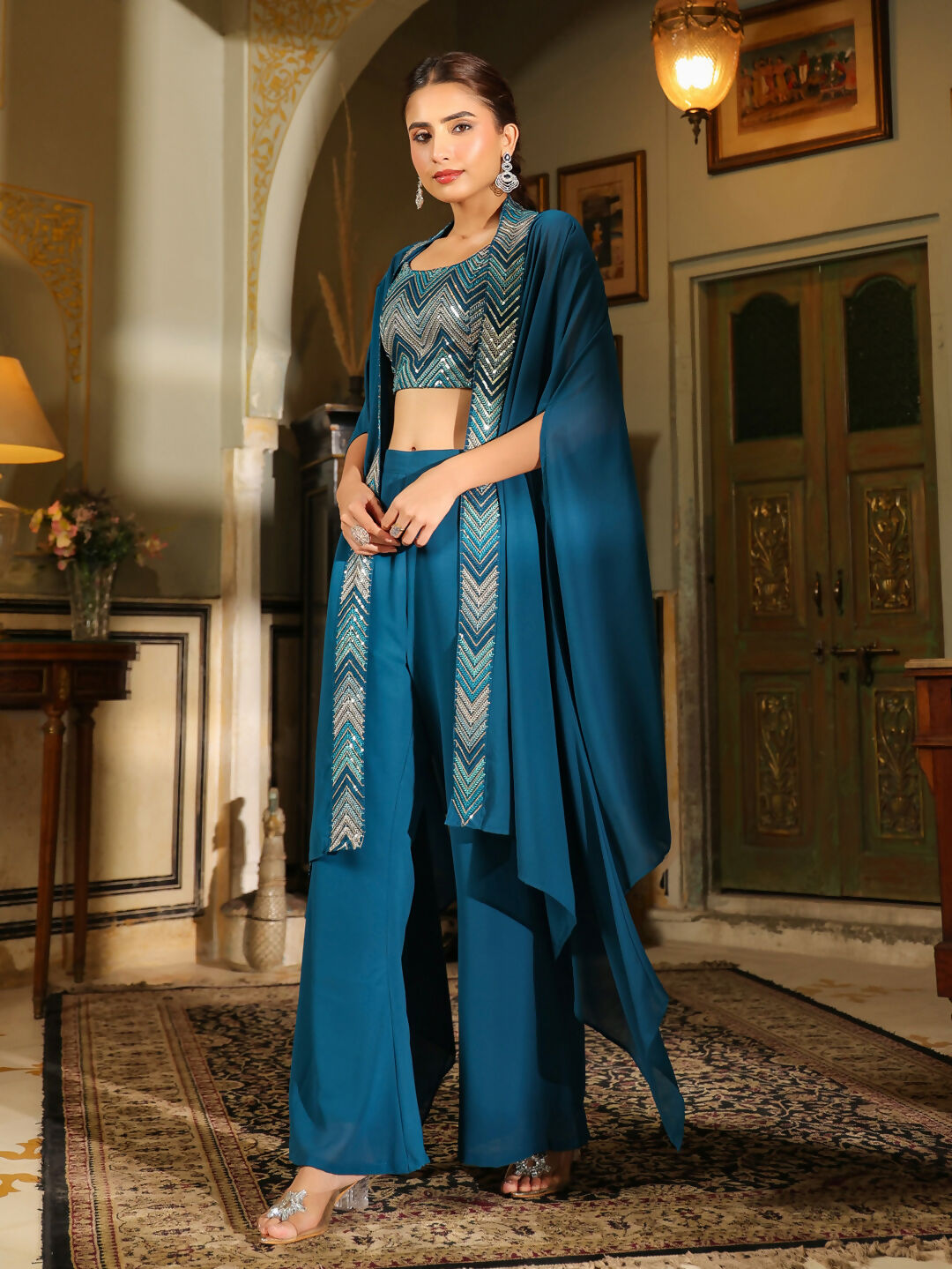 Janasya Teal Blue Georgette Embroidered Top Bottom Cape | Swadesiicart
