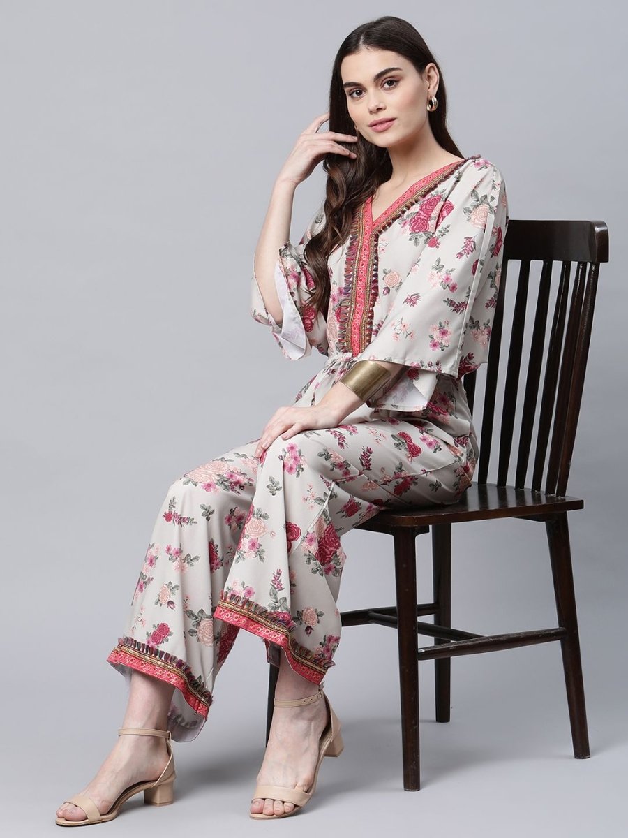 Ahalyaa Womens Beige Crepe Digital Floral Print Jumpsuit - Swadesiicart