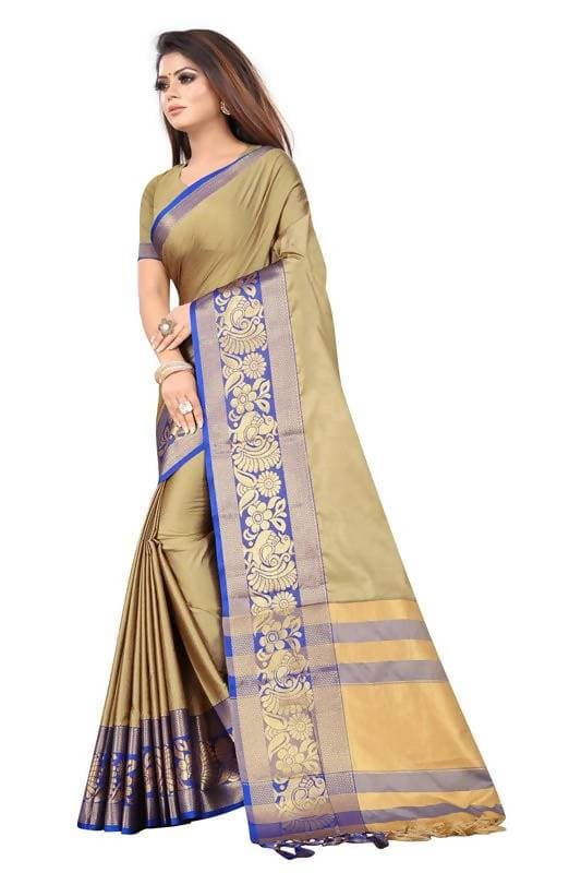 Vamika Banarasi Cotton Silk Weaving Brown Saree (DOCTOR MOR CHIKU) | Swadesiicart