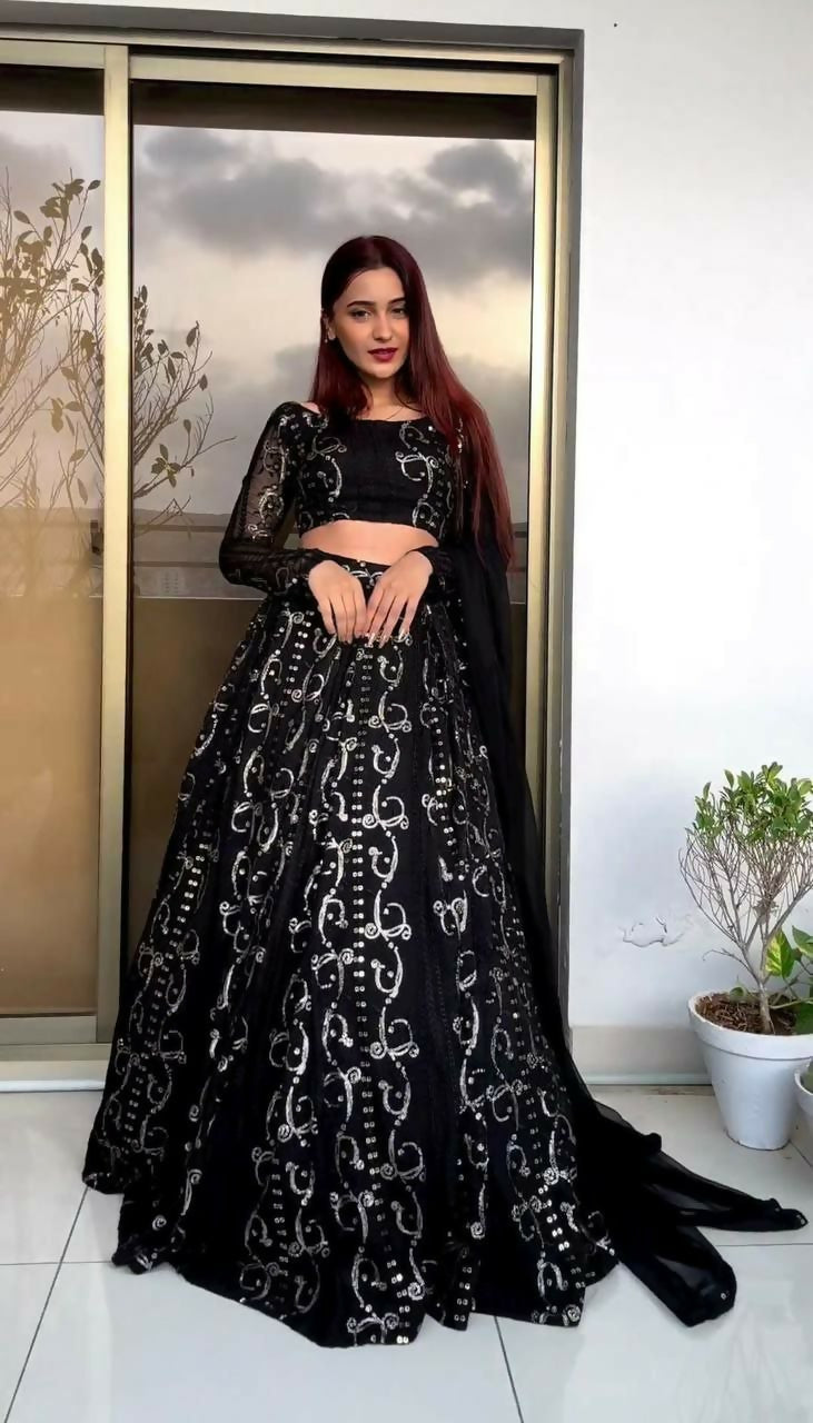 Jyoti Fashion Women's Black Faux Georgette Sequins with Thread Embroidered Designer Lehenga Choli Set | Swadesiicart