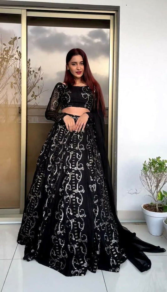 Jyoti Fashion Women's Black Faux Georgette Sequins with Thread Embroidered Designer Lehenga Choli Set | Swadesiicart