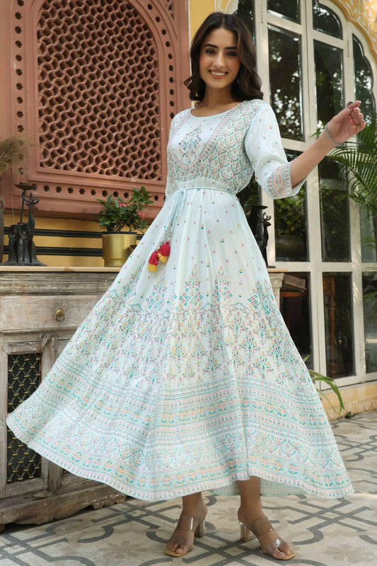 Juniper Women's Skyblue Viscose Shantoon Festive Printed Flared Dress | Swadesiicart