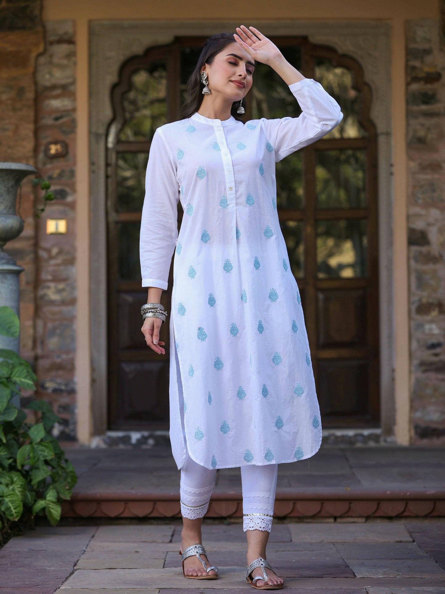 Juniper Women's White Cambric Printed Straight Kurta | Swadesiicart