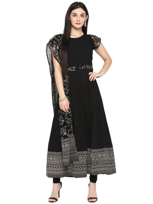 Ahalyaa Women's Black Crepe Printed Kurta With Attached Dupatta | Swadesiicart