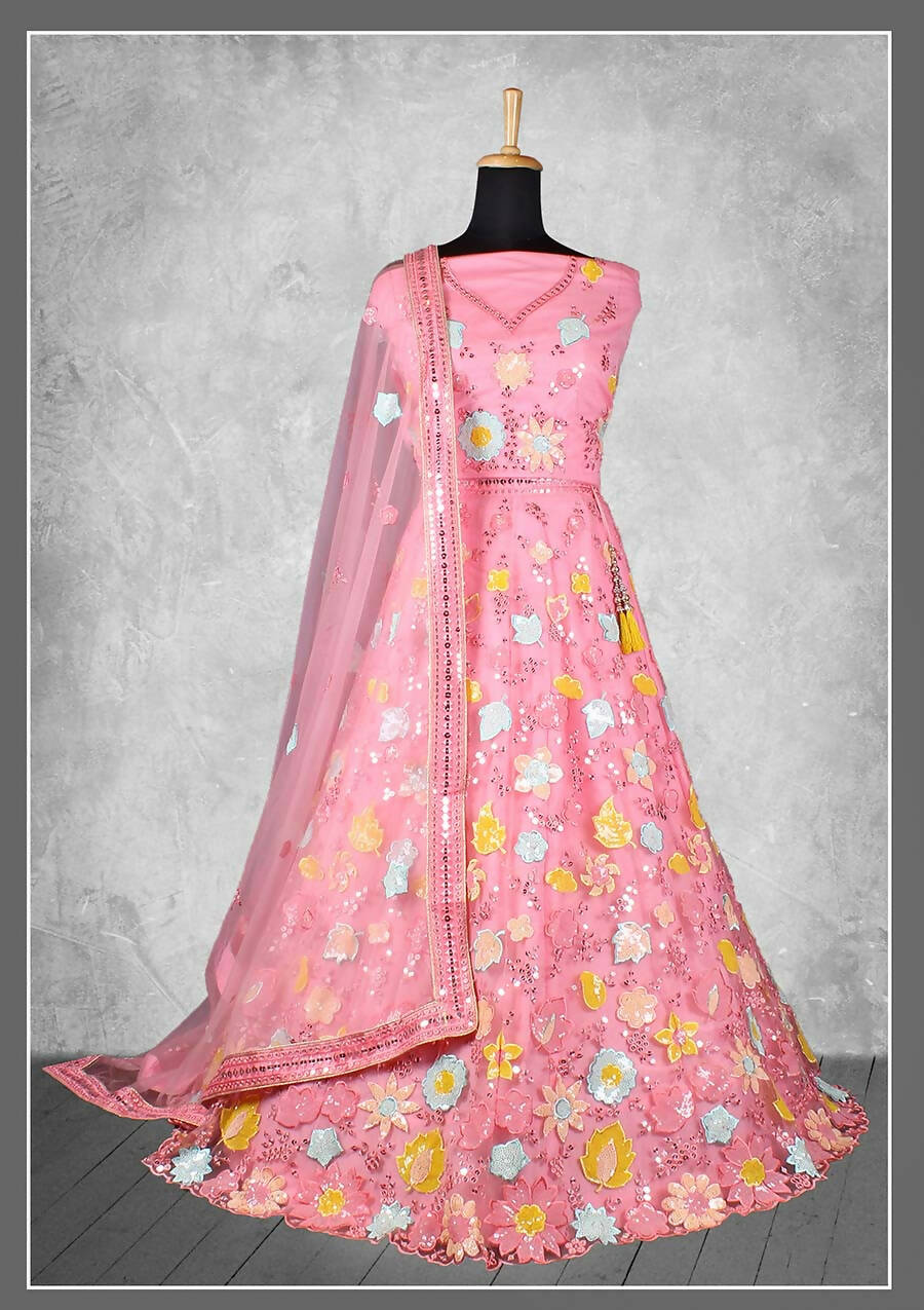 Pink Net, Satin Silk Cord And Sequins Floral Embroidery Semi-Stitched Lehenga Choli - Nimaya Kangan | Swadesiicart