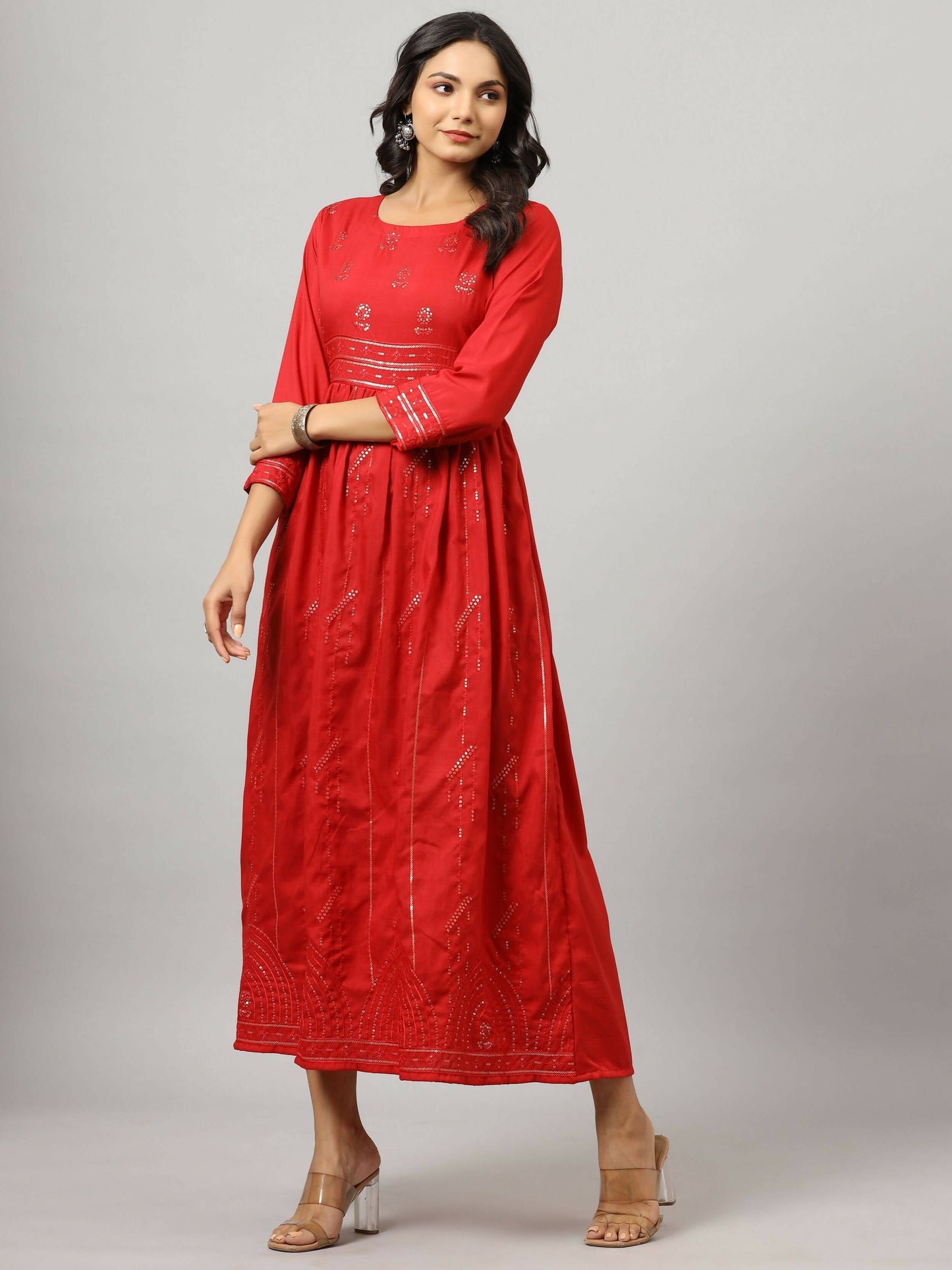 Juniper Women's Red Festive Printed Flared Dress | Swadesiicart