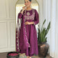 The52 Purple Women's Gorgeous Embroidered Vichitra Silk Fabric Flared Kurta Pant with Dupatta Set - Swadesiicart