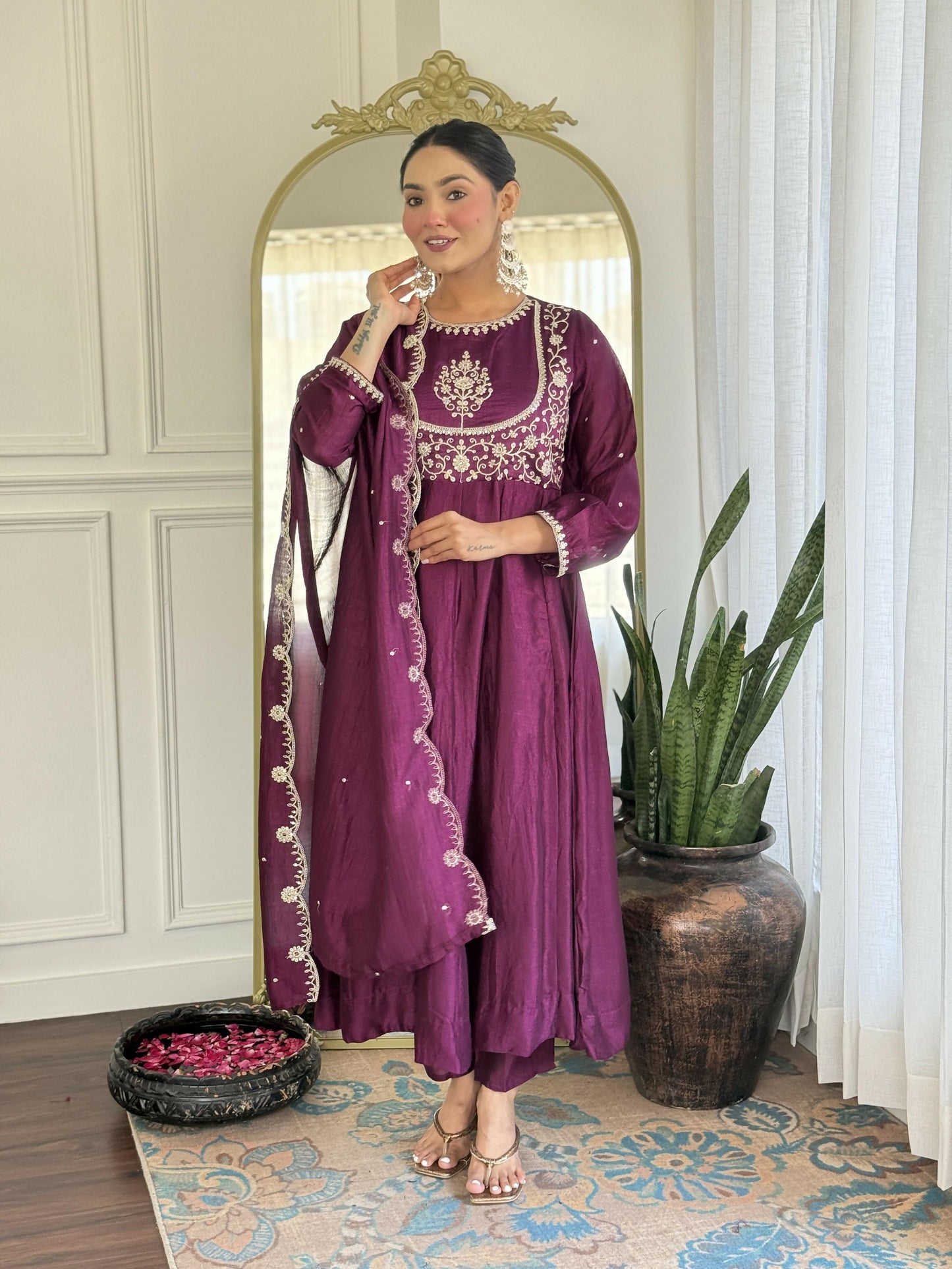 The52 Purple Women's Gorgeous Embroidered Vichitra Silk Fabric Flared Kurta Pant with Dupatta Set - Swadesiicart