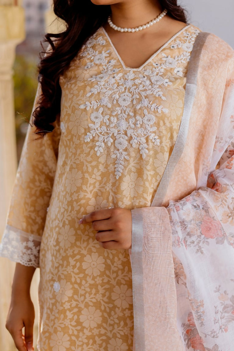 Vaasva Women Peach Linen Printed Kurta, Pant & Dupatta set | Swadesiicart