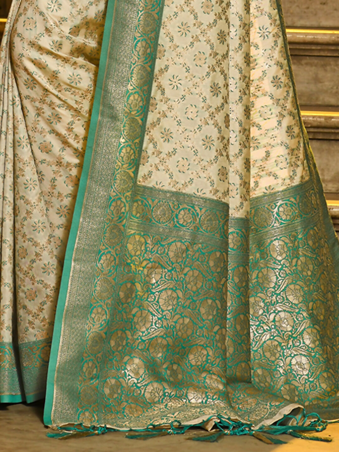 Astita Rajvastra Sea Green Banarasi Silk Saree | Swadesiicart
