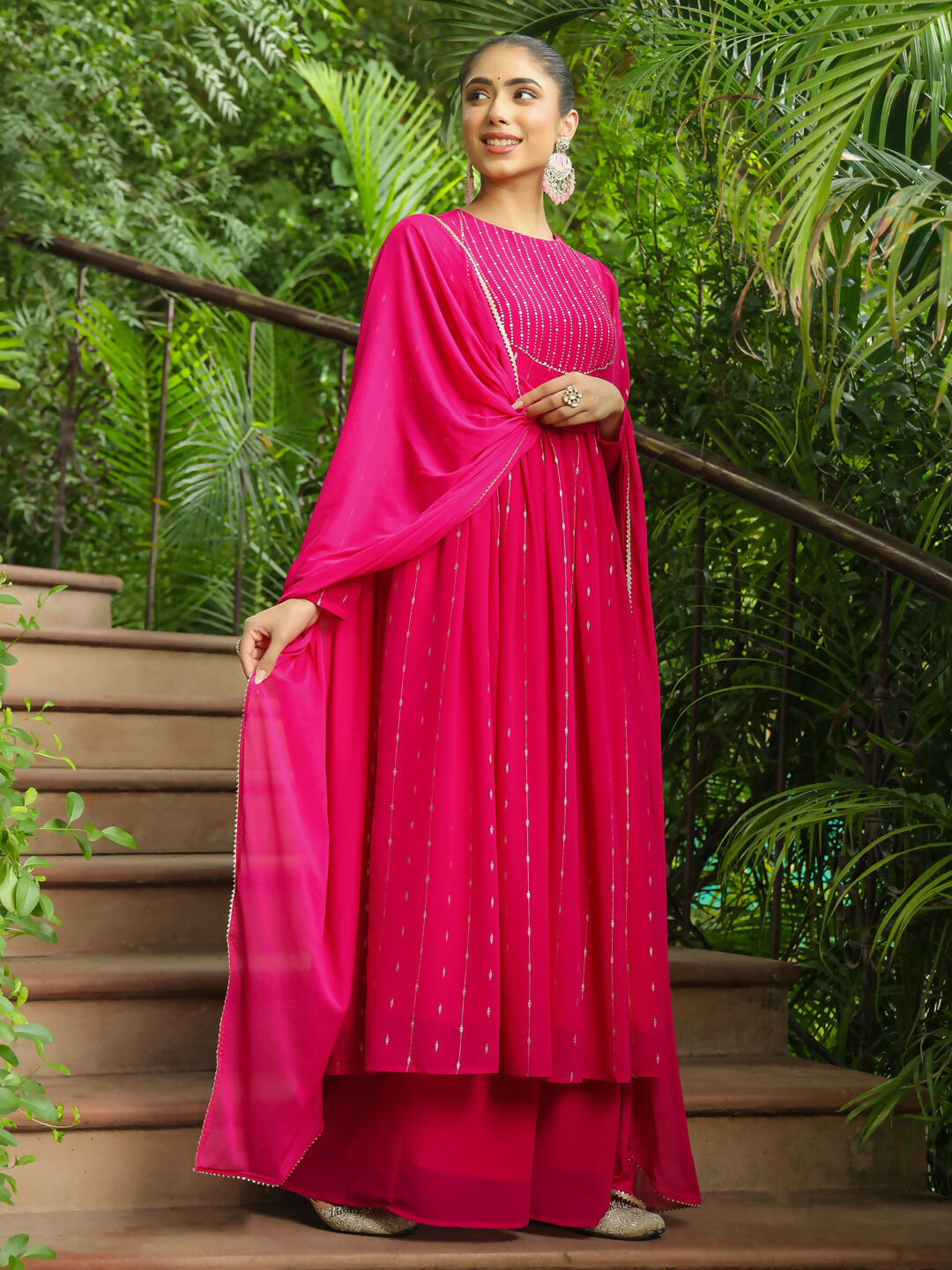 Janasya Pink Georgette Foil Print Kurta,Bottom & Dupatta | Swadesiicart