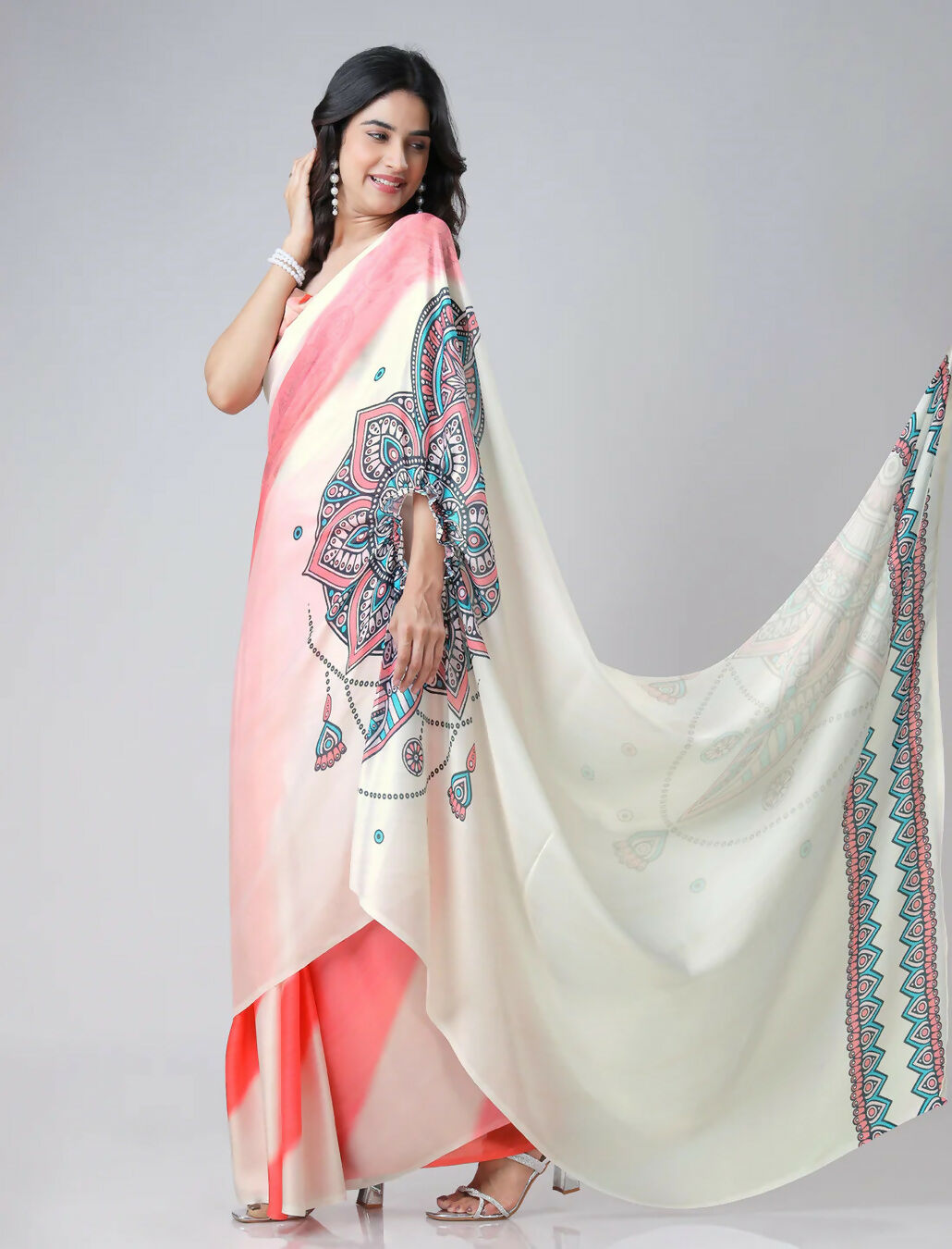 Vastranavya Coral Off White Freehand Mandalaa Print Ready to Wear Saree | Swadesiicart