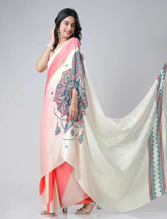 Vastranavya Coral Off White Freehand Mandalaa Print Ready to Wear Saree | Swadesiicart