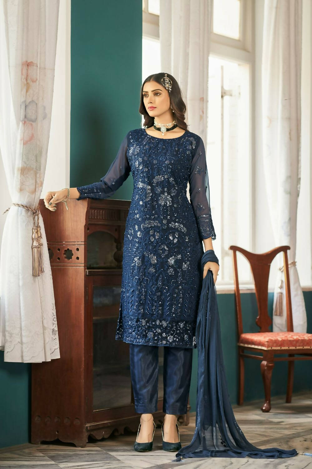 Blue Heavy Faux Georgette Embroidered Semi Stitched Suit - Dhvani