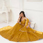 Aastha Fashion Mustard Yellow Butterfly Net Tone To Tone Thread Work And Sandwich Sequence Work Embroidery Wedding Wear Lehenga Choli