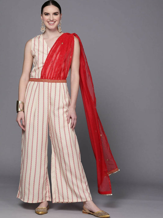 Ahalyaa Off White & Red Printed Basic Jumpsuit - Swadesiicart
