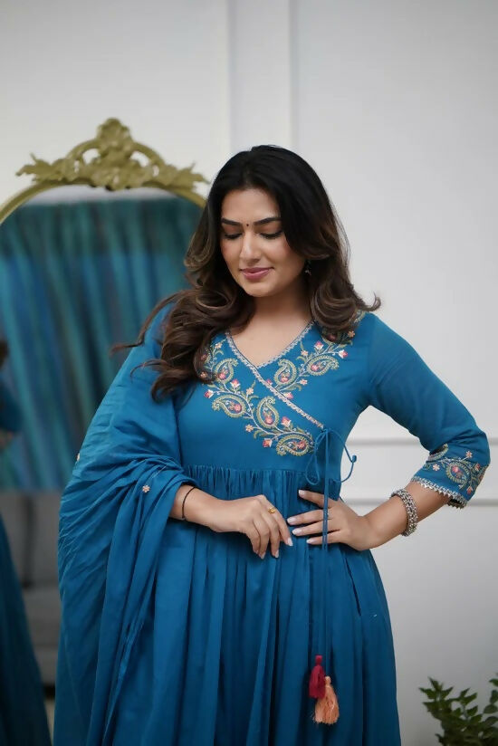 The52 Petrol Women's Beautiful Parampara Fabric Embroidered Work Flared Kurta Pant and Dupatta Set - Swadesiicart