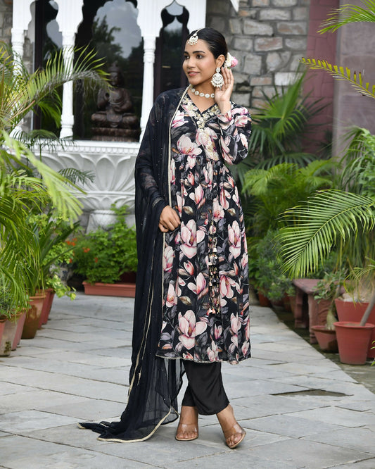 Vaasva Women's Chinon Emboidered Angrakha Anarkali Set With Solid Pant & Solid Embroidered Dupatta | Swadesiicart