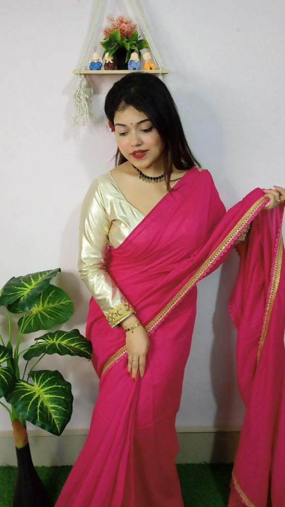 Exclusive Collection Beautiful Khadi Cotton Handloom Saree With Beautiful Zari Border - Pink - Swadesiicart