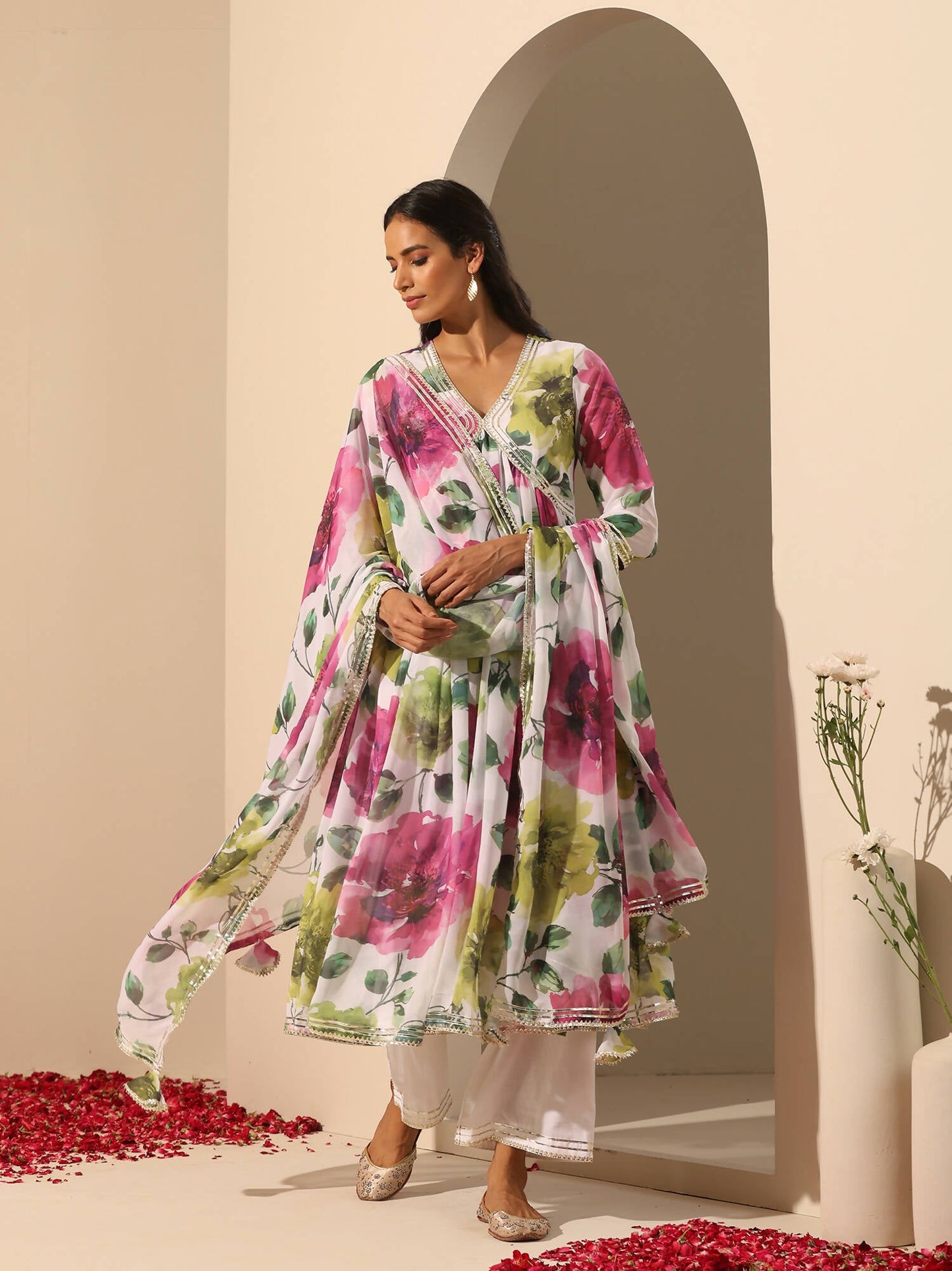 Pomcha Jaipur White Gul Gulistan Anarkali Set | Swadesiicart