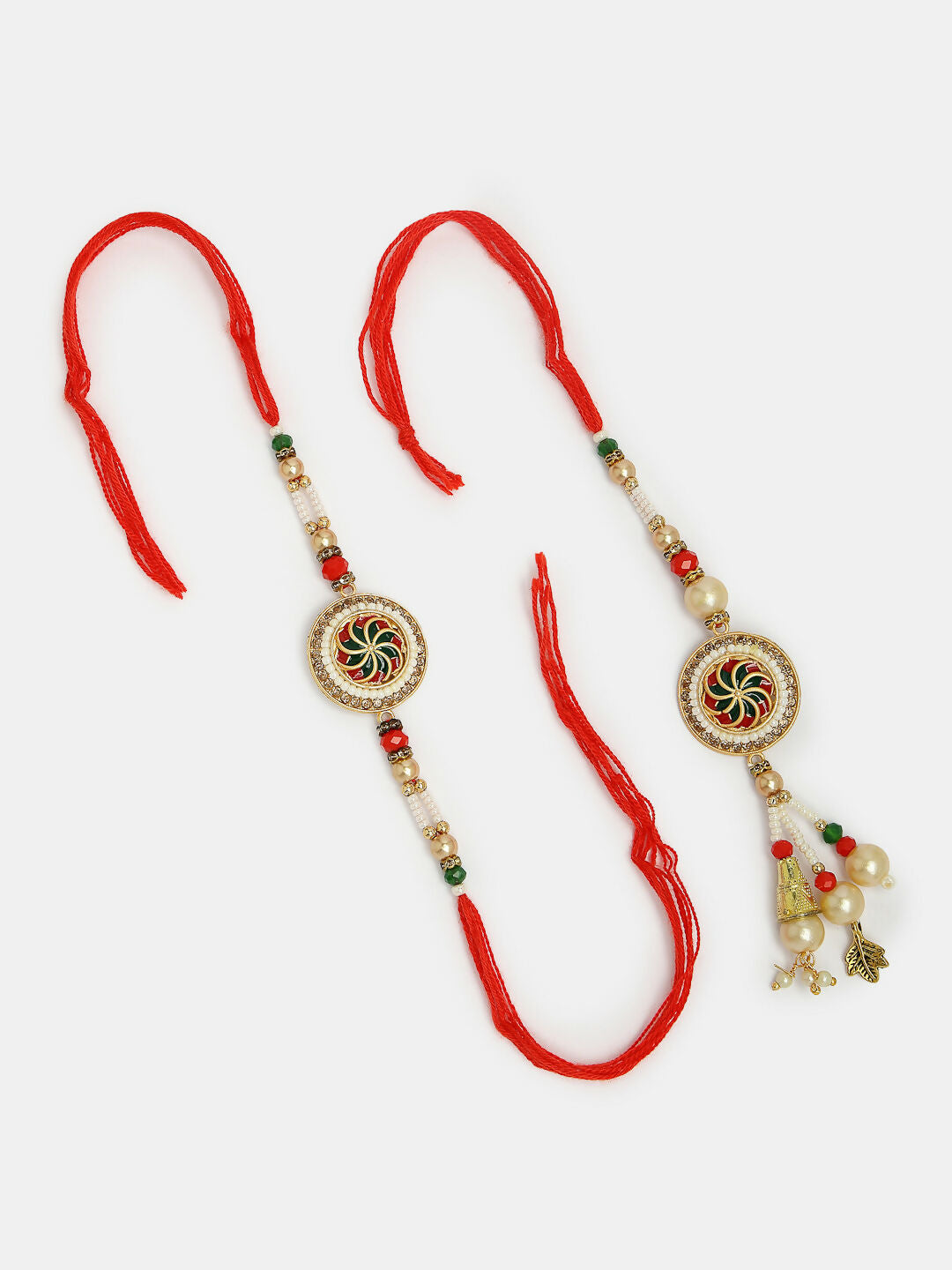 NVR Women & Men Set of 2 Gold-Toned Stone-Studded & Beaded Bhaiya Bhabi Rakhi With Roli Chawal | Swadesiicart