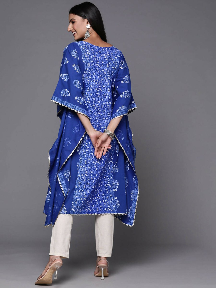 Ahalyaa Blue & White Floral Print Floral Kaftan Kurta | Swadesiicart