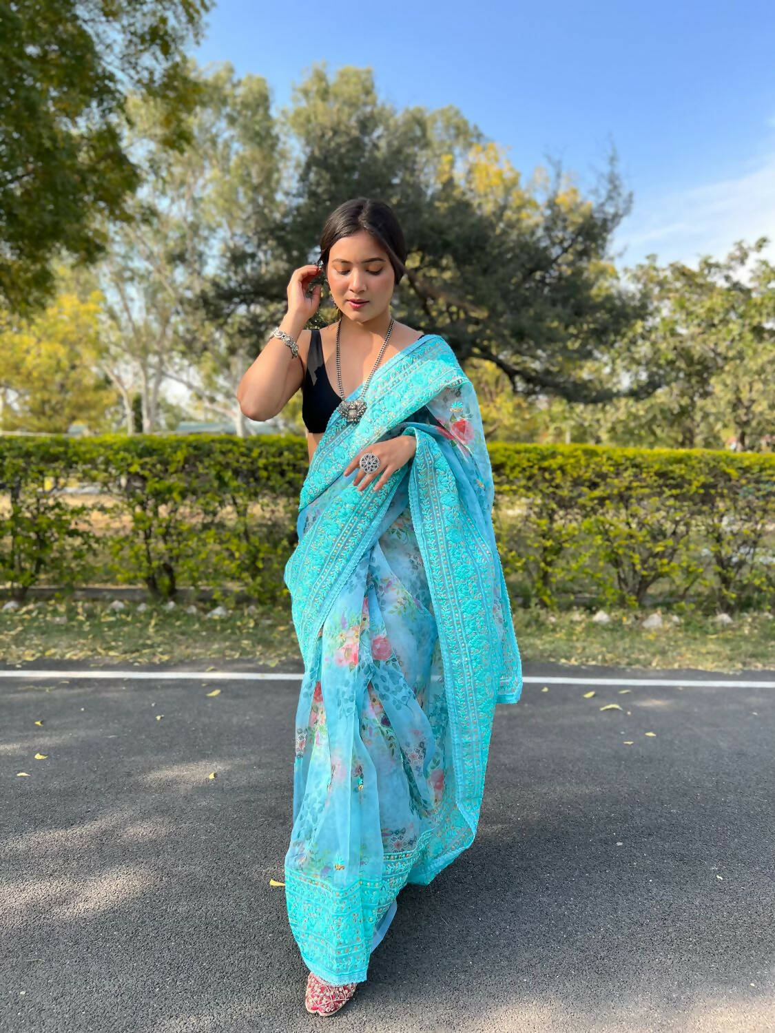 Vamsee Sky Blue Organza Saree - Swadesiicart