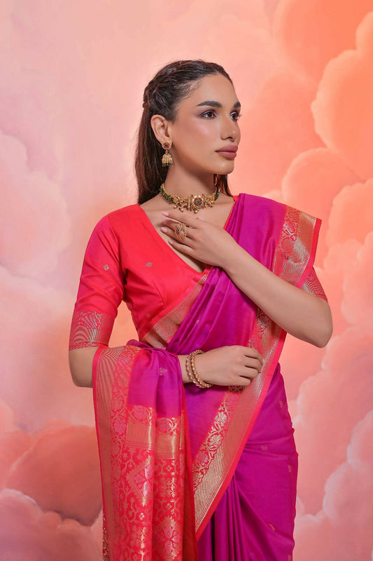 Vishnu Weaves Women's Wine Soft Silk Zari Woven Saree with Blouse - Swadesiicart