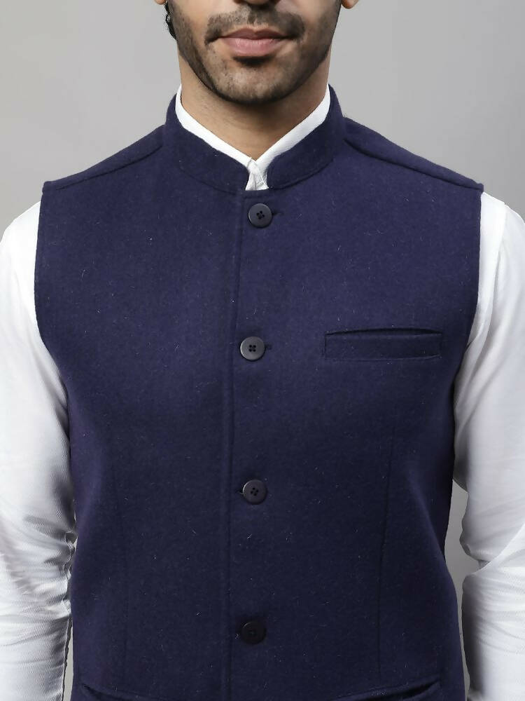 Even Apparels Pure Wool Nehru Jacket - Navy | Swadesiicart
