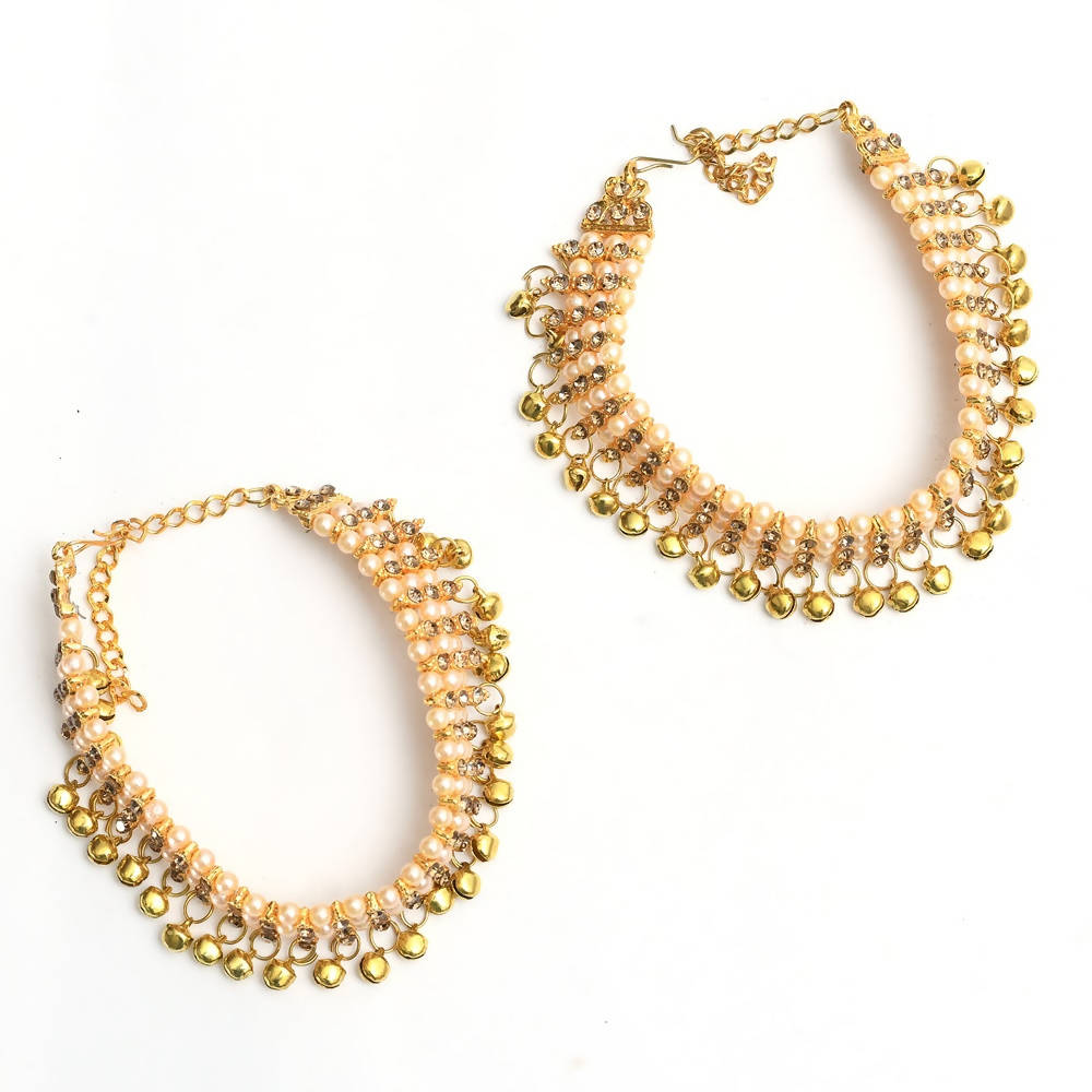 Mominos Fashion Kamal Johar Gold-Polished Pearls Anklets With Muvvas | Swadesiicart