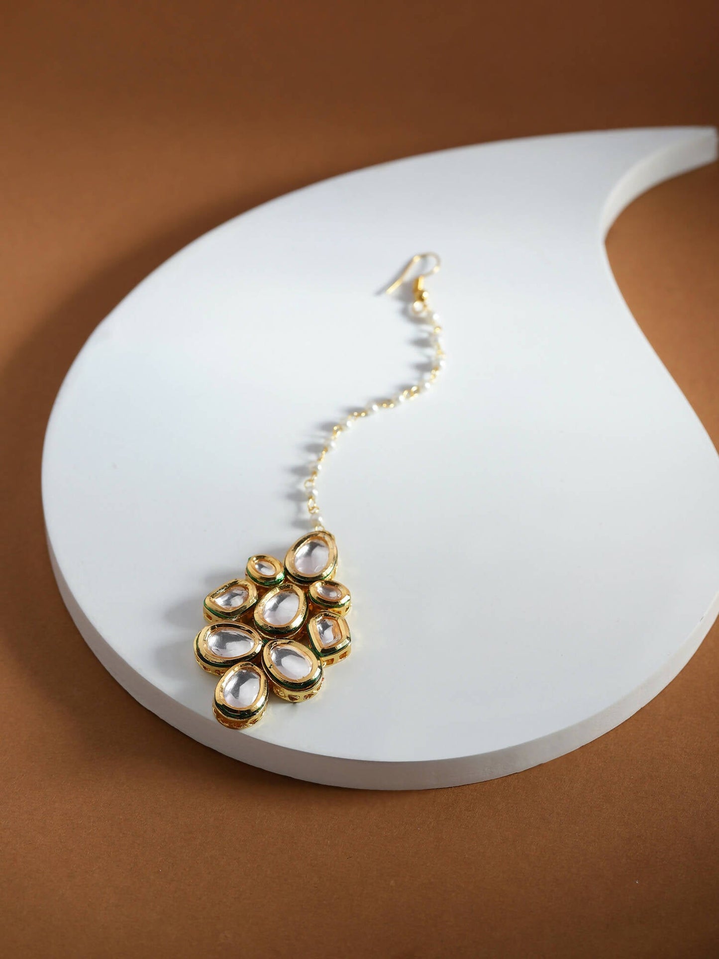 White Gold-Polished Kundan Studded Beaded Maang Tikka - Ruby Raang | Swadesiicart