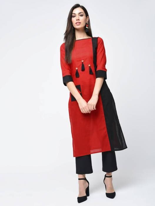 Aniyah Cotton Red Color Stylish Block Straight Kurta (AN-107K) - Swadesiicart