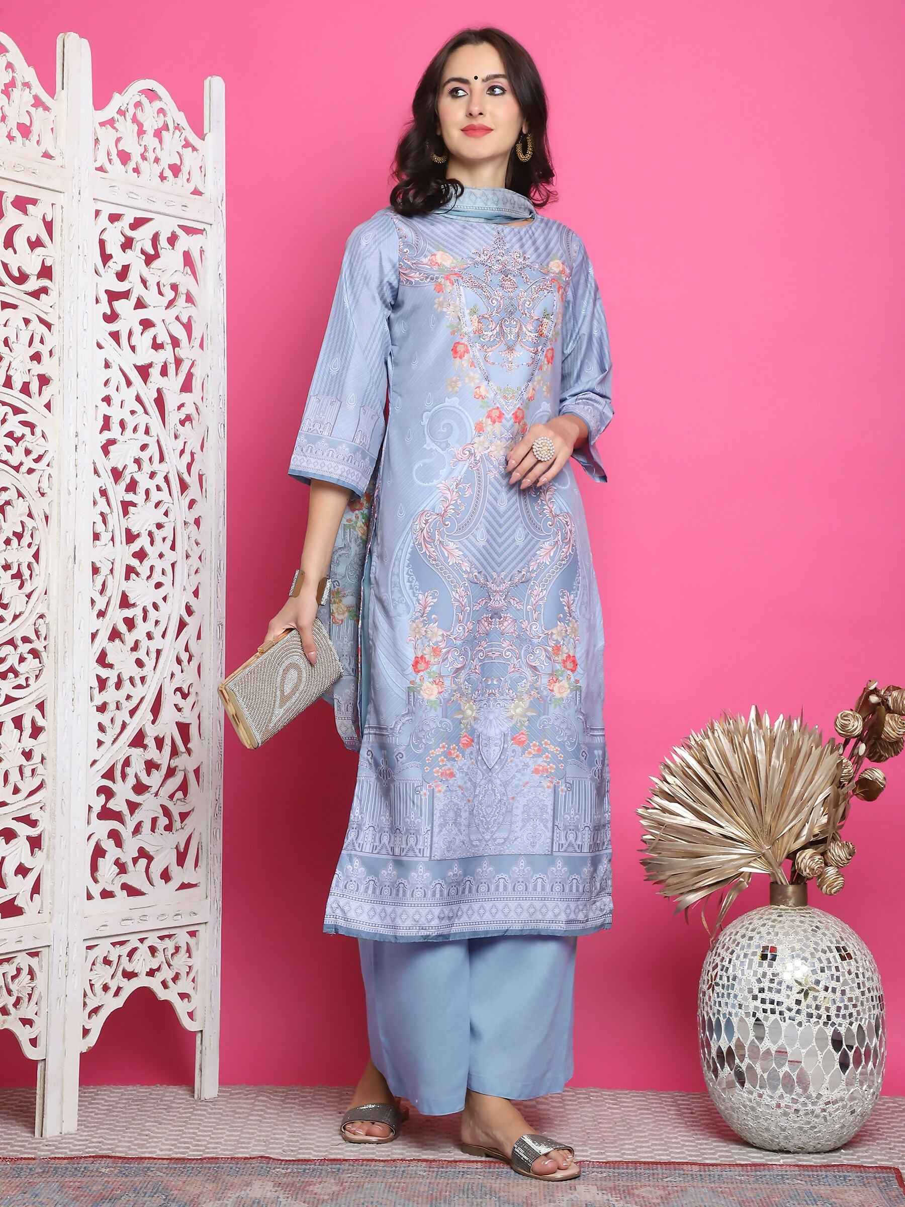 Jyoti Fashion Women's Grey Satin Traditional Digital Print with Crystal work Kurta with Trouser & Dupatta | Swadesiicart