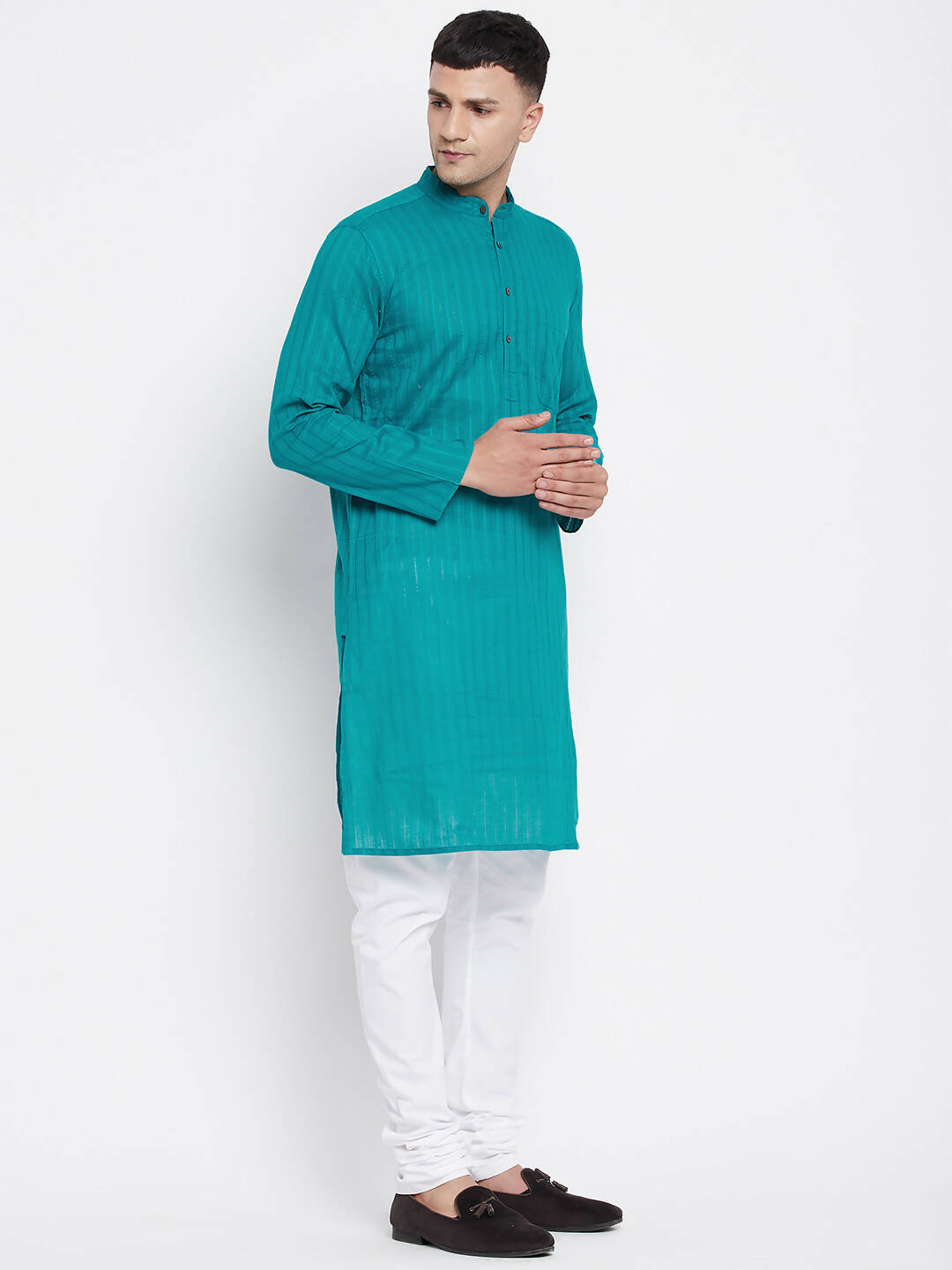 Even Apparels Green Pure Cotton Men's Kurta With Band Collar | Swadesiicart