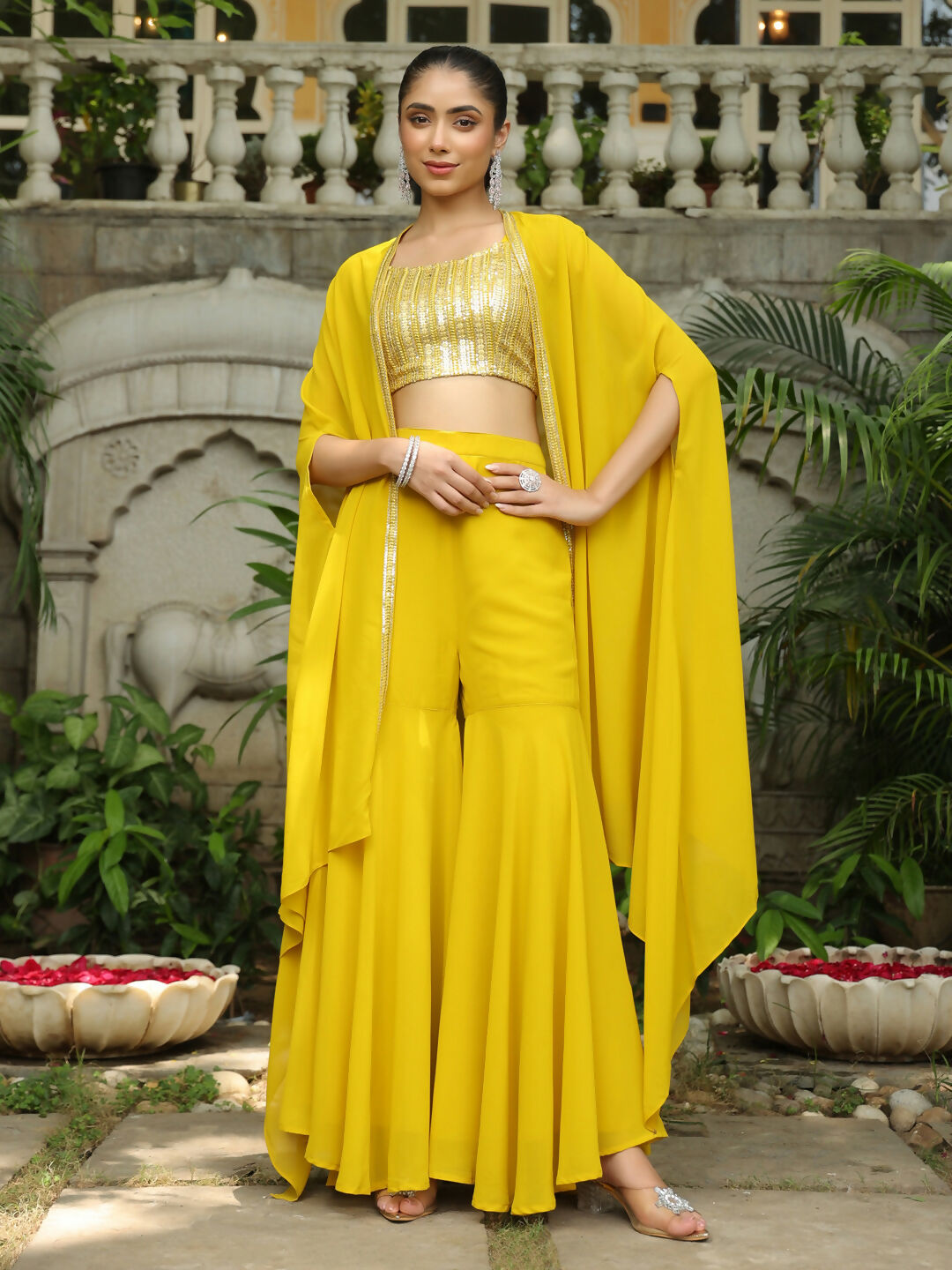 Janasya Yellow Georgette Sequined Top Bottom Cape | Swadesiicart