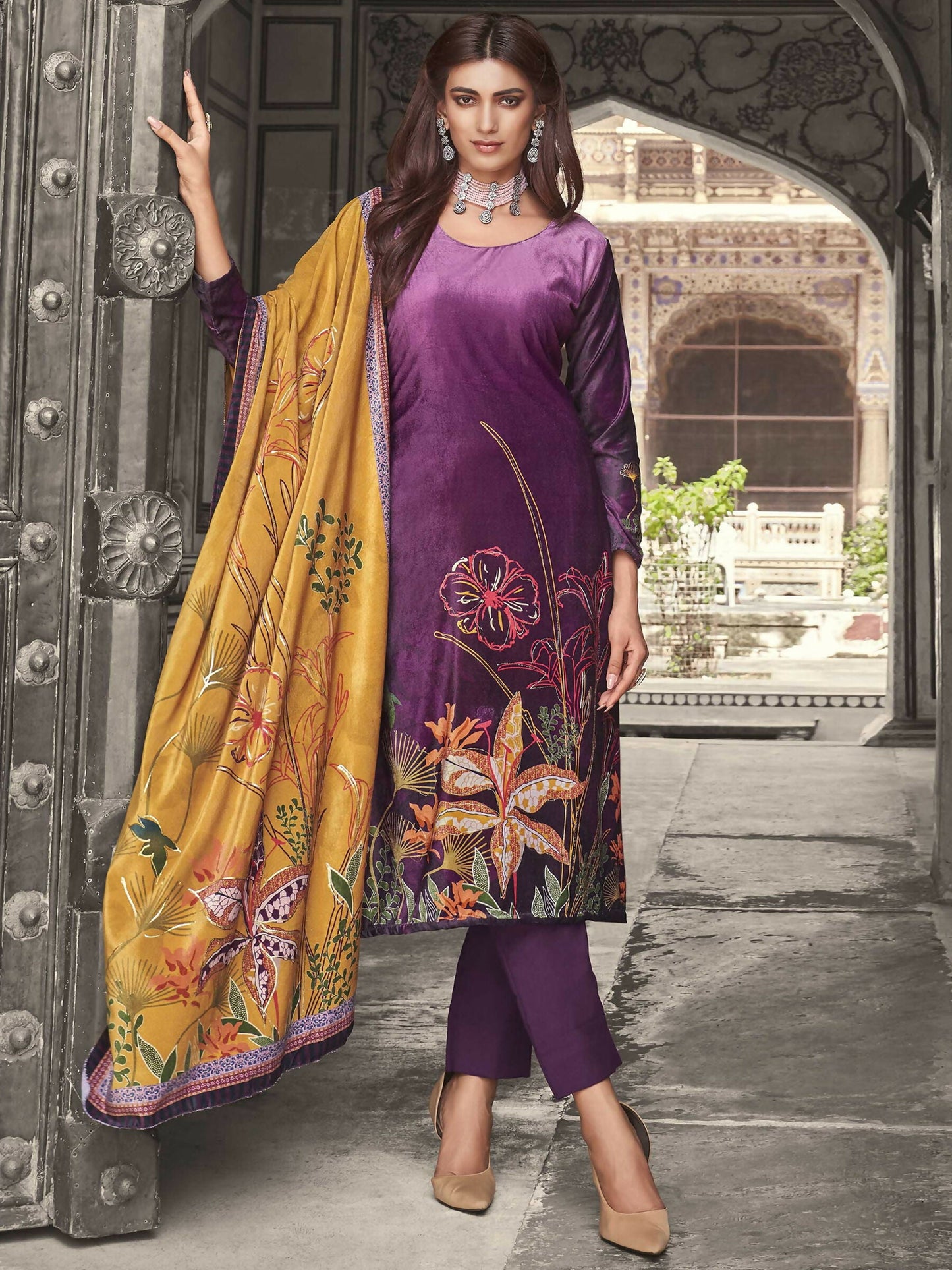 Jyoti Fashion Women's Purple Velvet Floral Digital Printed Kurta with Trouser & Dupatta | Swadesiicart
