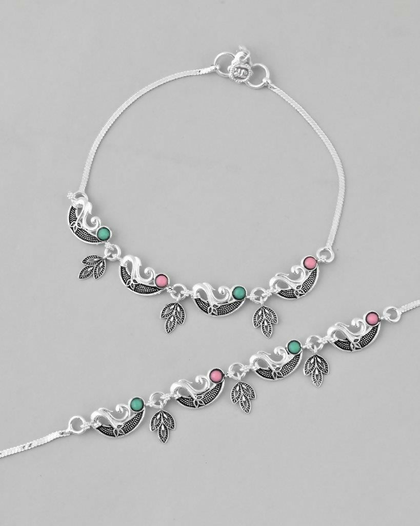 VOJ Set of 2 Silver Plated Multi Color Meenakari Anklet - Swadesiicart