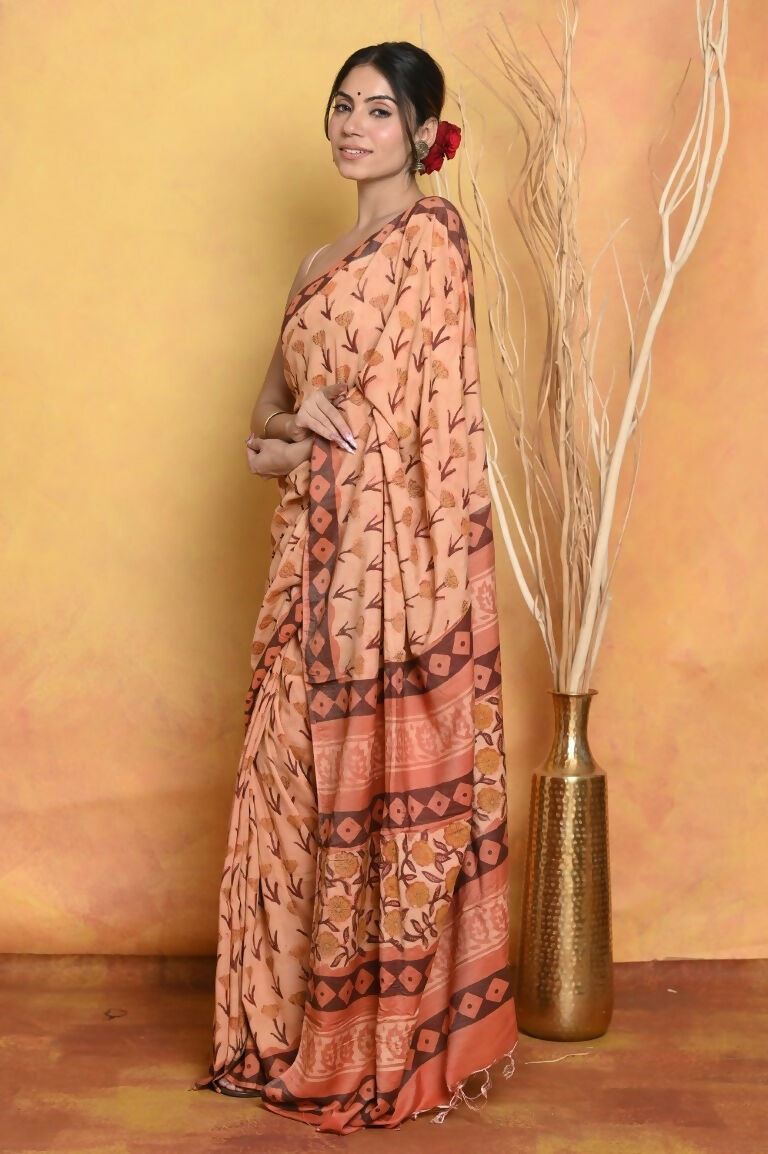 Very Much Indian Designer Modal Silk Saree With With Beautiful Floral Print - Light Orange | Swadesiicart