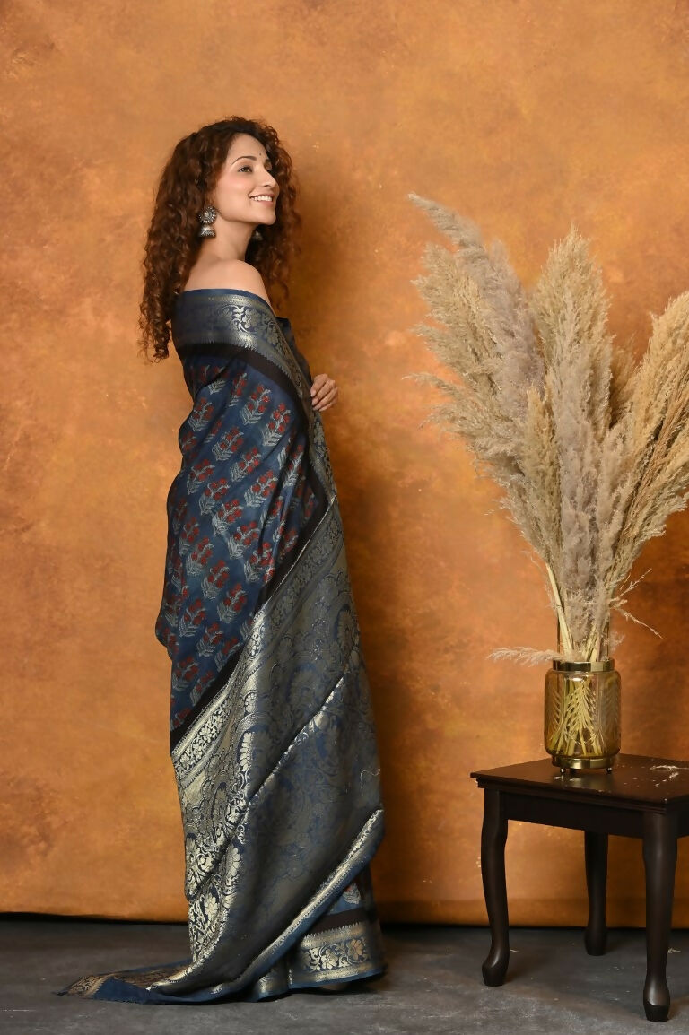 Very Much Indian Modal Silk Ajrakh Handblock Printed Natural Dyes With Designer Border Saree - Black | Swadesiicart