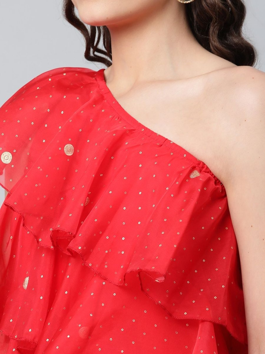 Ahalyaa Women Red Printed Layered Top with Trousers | Swadesiicart
