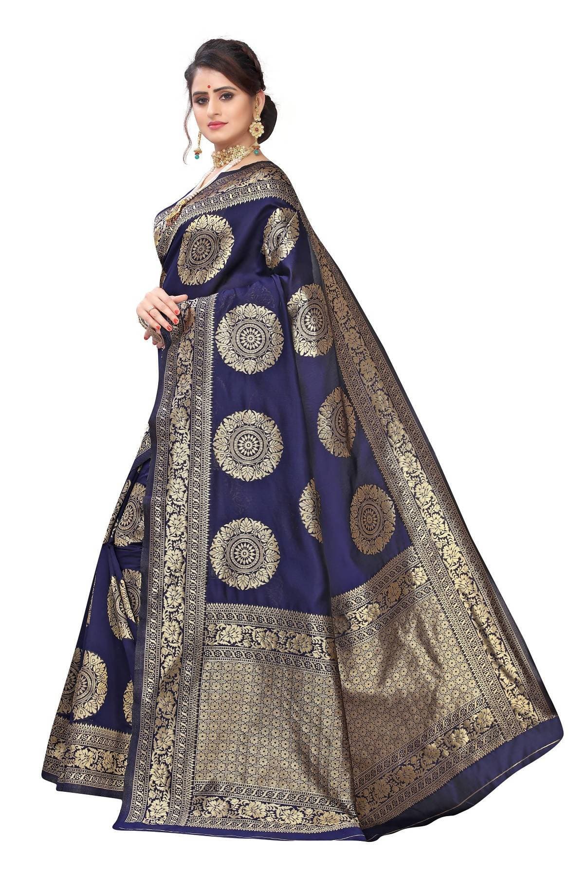 Vamika Traditional Banarasi Jacquard Weaving Navy Blue Saree | Swadesiicart