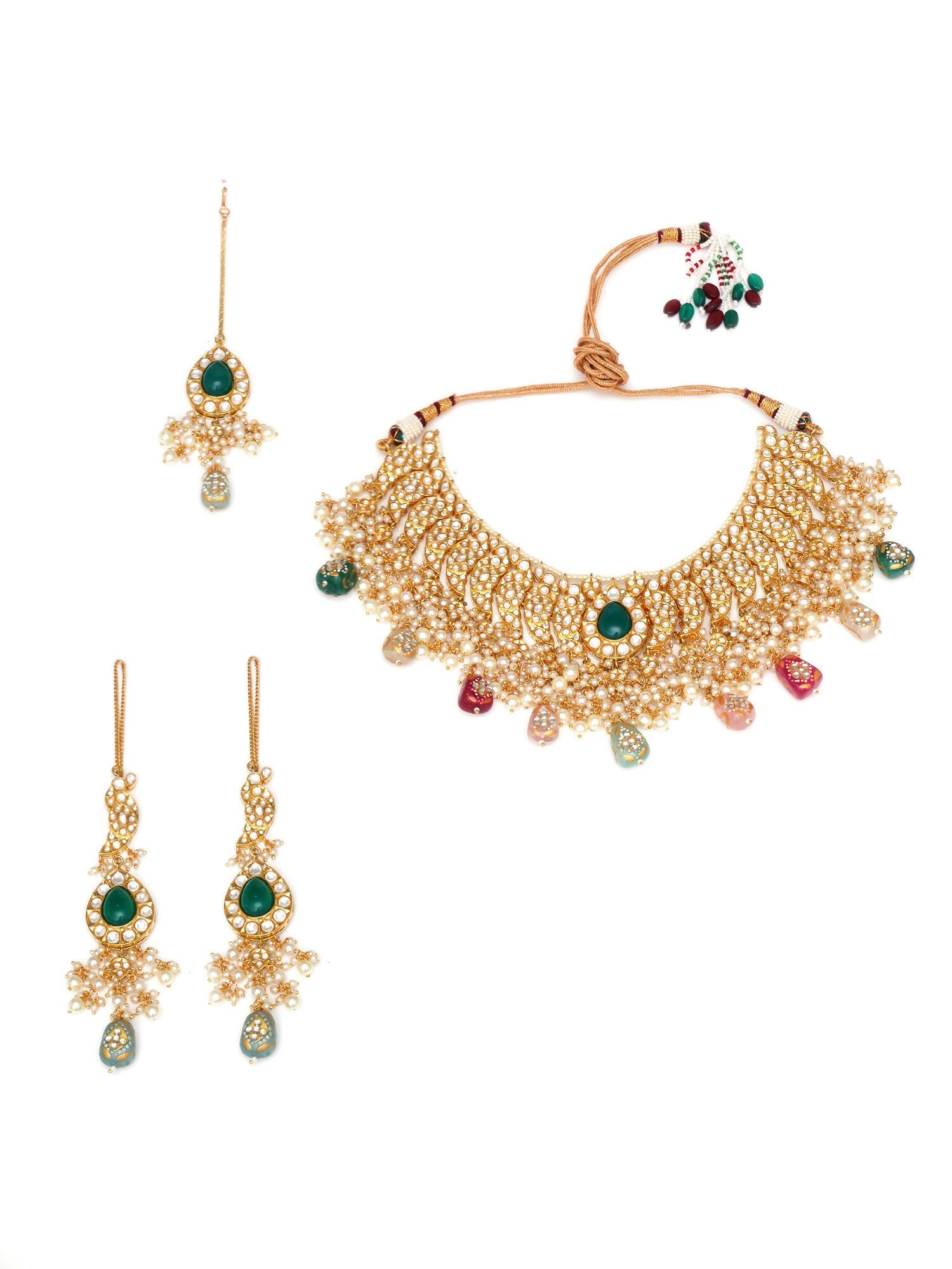 Kundan Choker with Matching Earrings & Maang Tikka Jewellery Set (Gold) - Ruby Raang - Swadesiicart