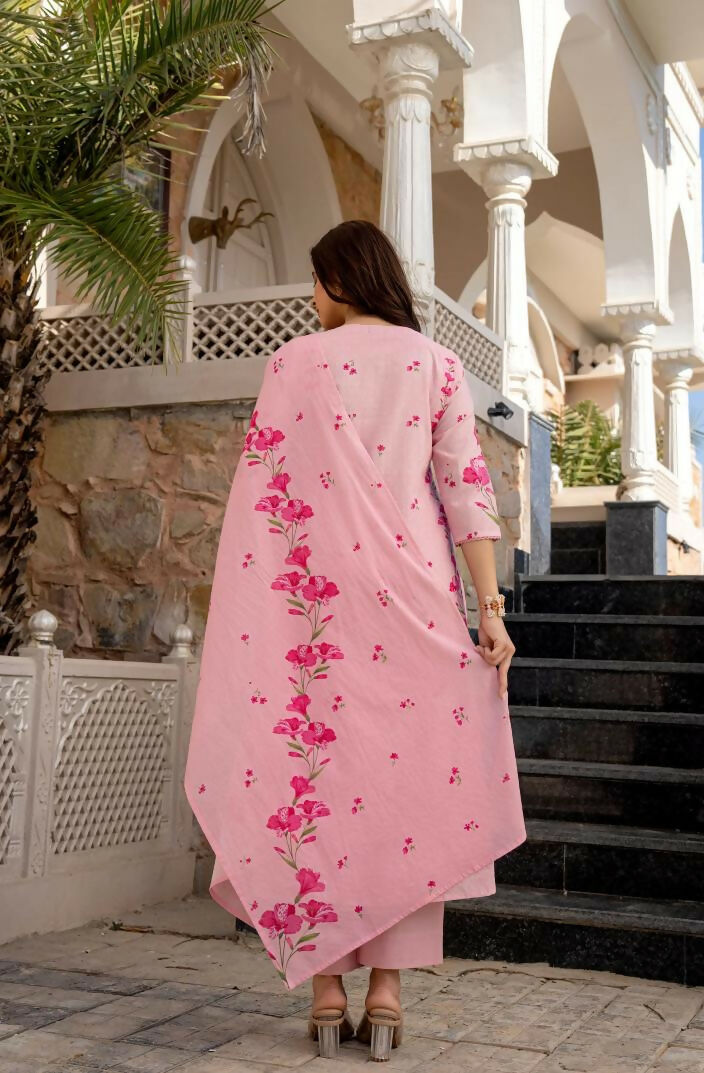 The52 Pink Women's Beautiful Chanderi Fabric Printed Work Straight Kurta Pant and Dupatta Set - Swadesiicart