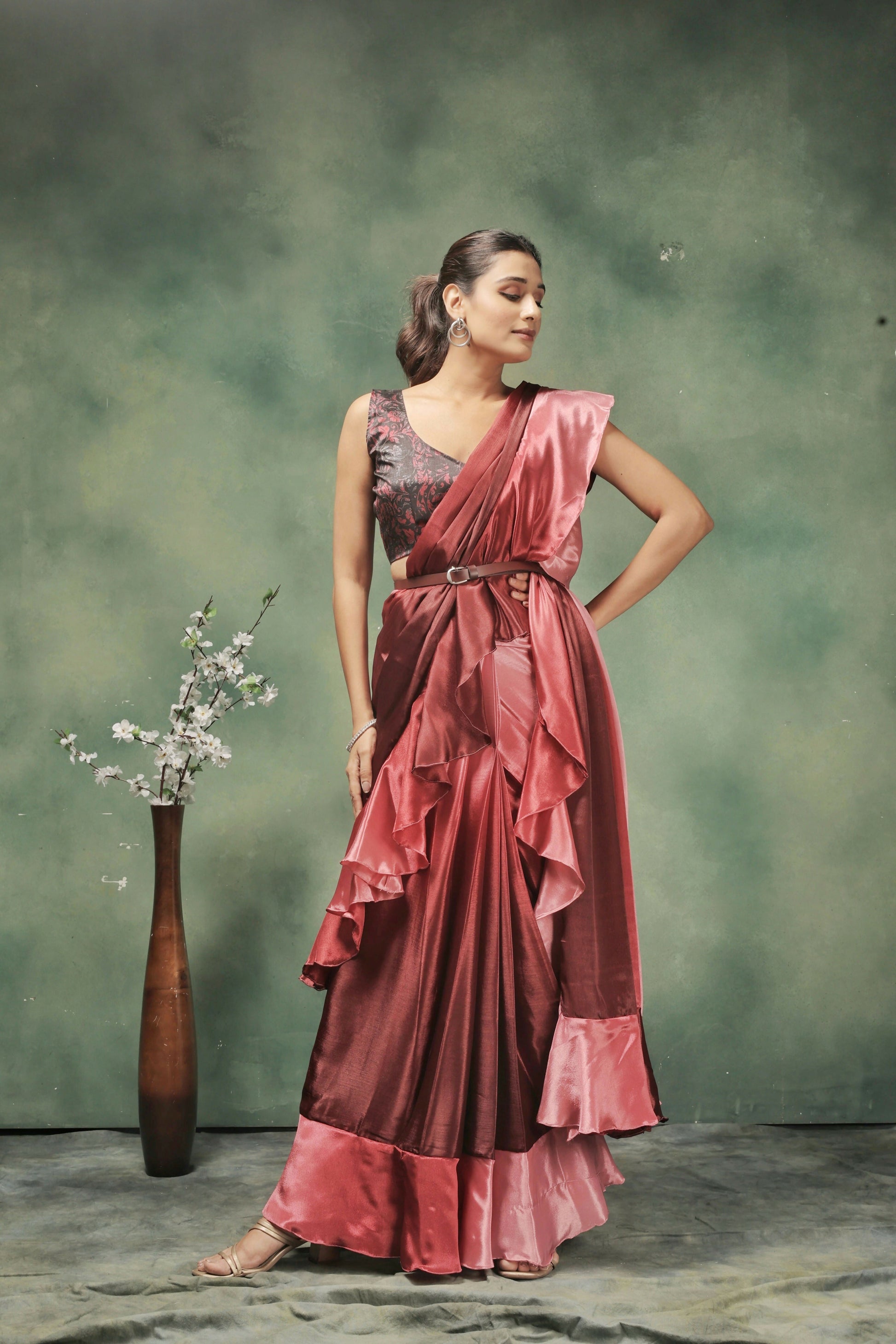 Pink Satin Solid Designer, Printed Party Wear Ready To Wear Saree - Nasreen | Swadesiicart