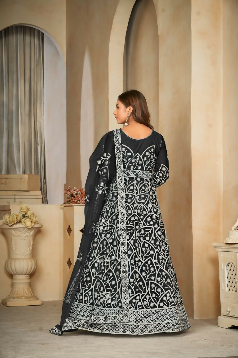 Jyoti Fashion Women's Black Net Embroidered Anarkali Kurta Pant Set With Dupatta | Swadesiicart
