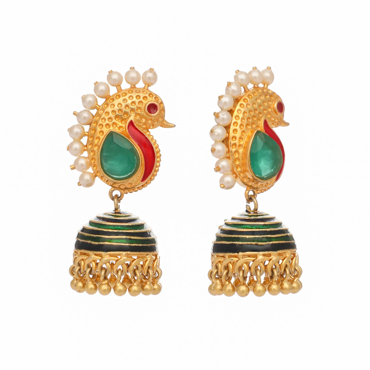 Nuyug 22K Gold Plated Pearls Studded Contemporary Shaped Enamel Jhumkas | Swadesiicart