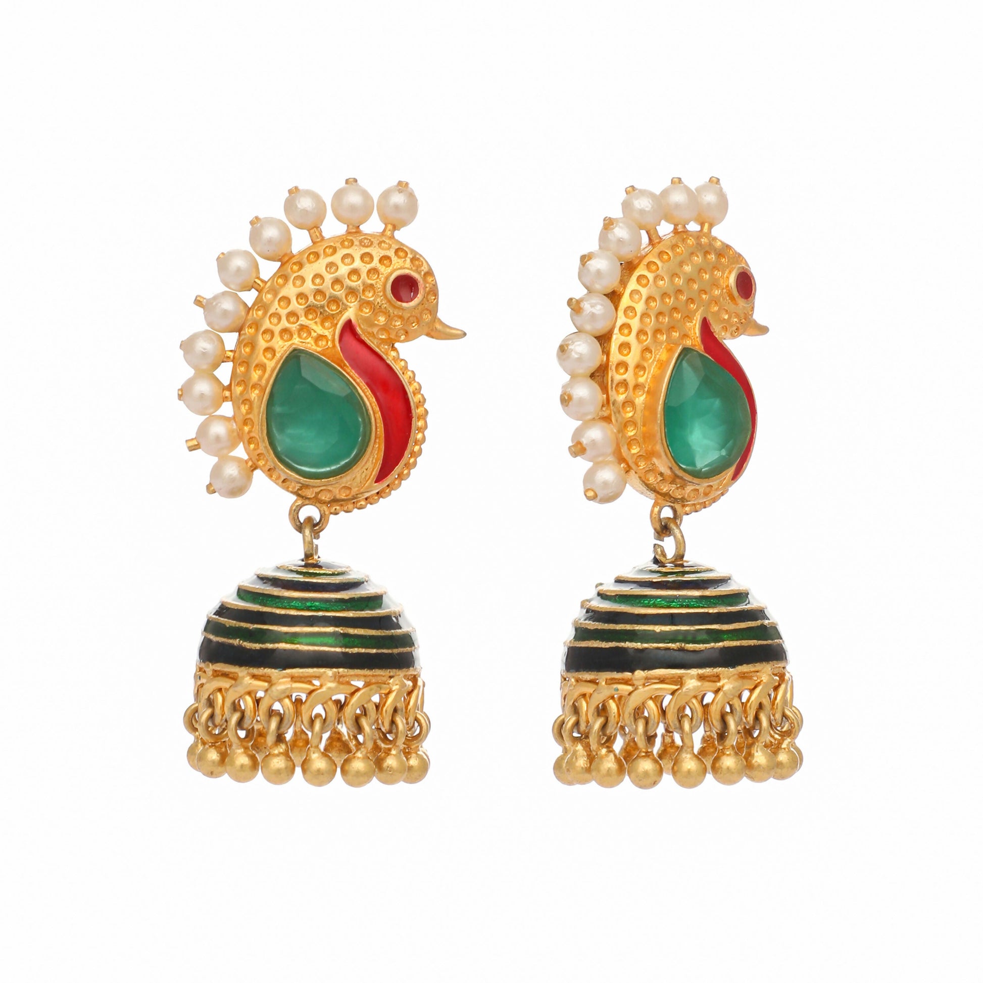 Nuyug 22K Gold Plated Pearls Studded Contemporary Shaped Enamel Jhumkas | Swadesiicart