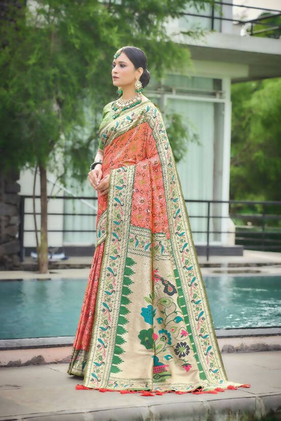 Vishnu Weaves Women's Orange Paithani Patola Silk Zari Woven Saree with Unstitched Blouse - Swadesiicart