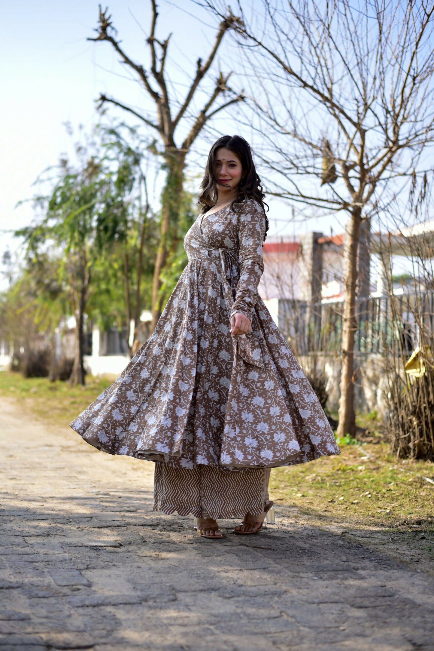 Jyoti Fashion Women's Coffee Cotton Silk Heavy Digital Printed Kurta Plazo Set | Swadesiicart