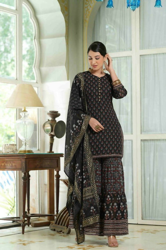 Juniper Black Georgette Festive Floral Print Straight Tunic-Sharara For Women | Swadesiicart